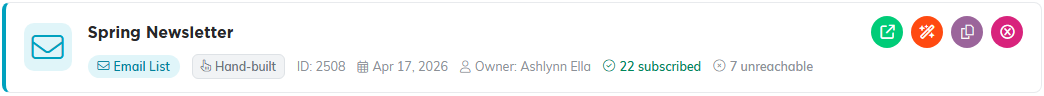 A mailing list row showing Owner: Ashlynn Ella beside its ID and date