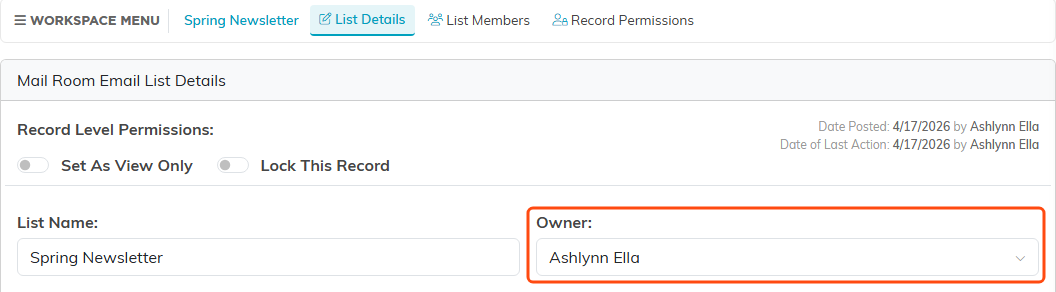 The List Details page with the Owner box outlined beside List Name