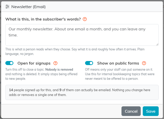 The topic edit window showing the description box and both switches
