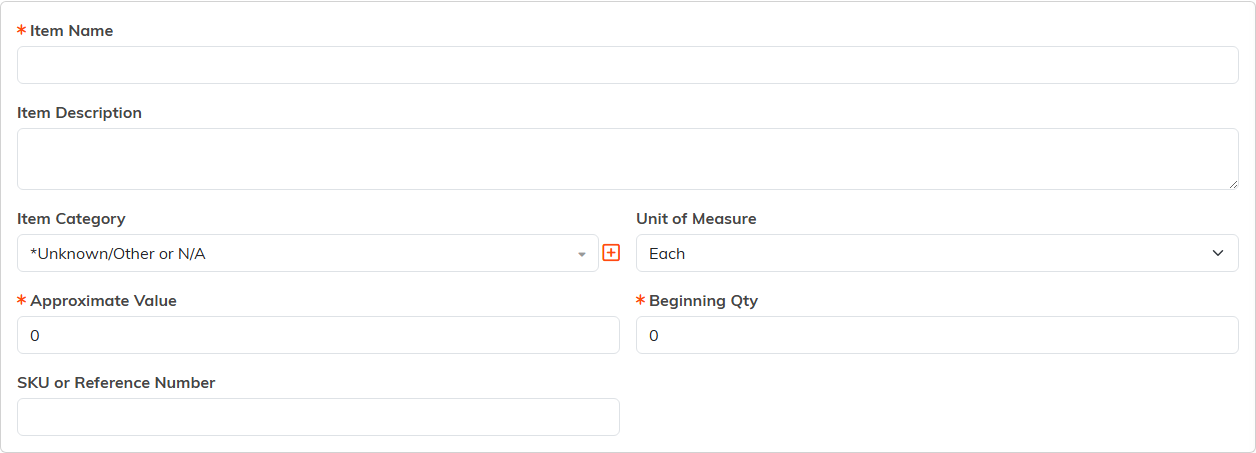 Add A New Material Inventory Item form showing Item Name, Item Description, Item Category, Unit of Measure, Approximate Value, Beginning Qty and SKU