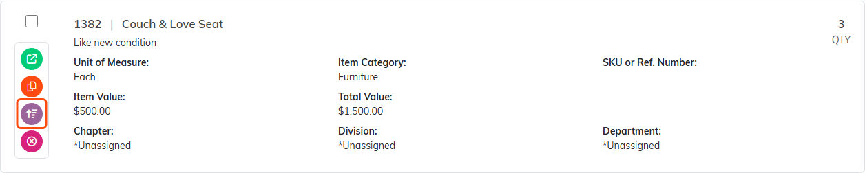 A material inventory row with the purple Manually Change Number in Inventory icon outlined