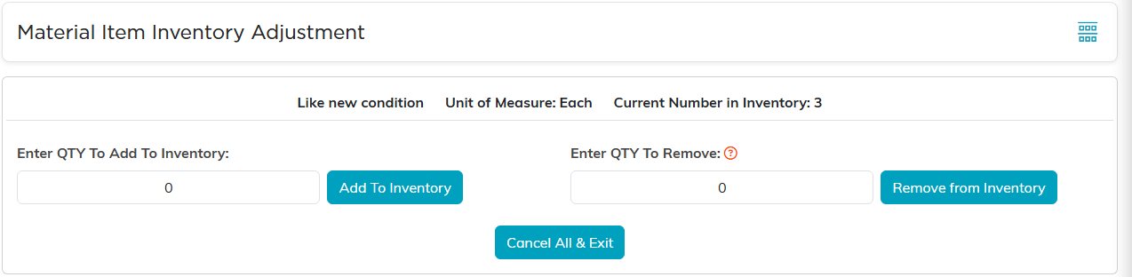 Material Item Inventory Adjustment page with Enter QTY To Add To Inventory and Enter QTY To Remove boxes