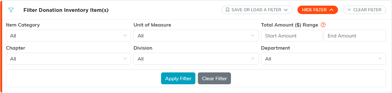 Filter panel for the material inventory list with Item Category, Unit of Measure and Total Amount Range