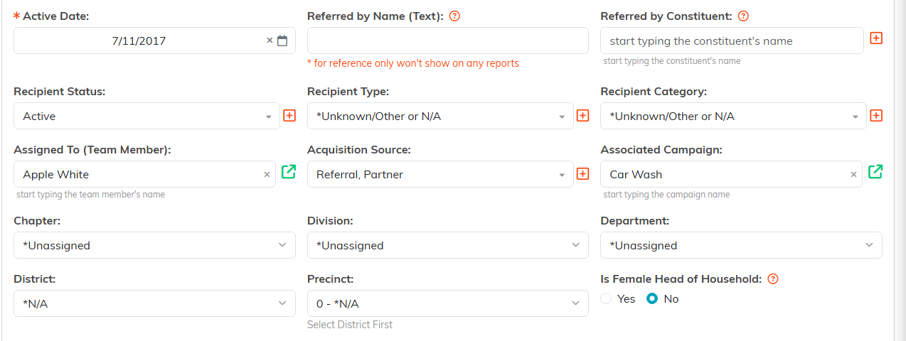 Recipient Details fields including Active Date, Referred by, Recipient Status, Type, Category, Assigned To, Acquisition Source and Associated Campaign