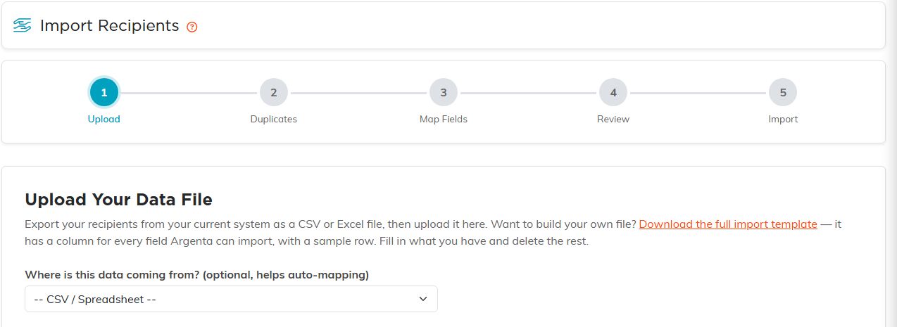 Import Recipients page showing the five steps and the Upload Your Data File panel