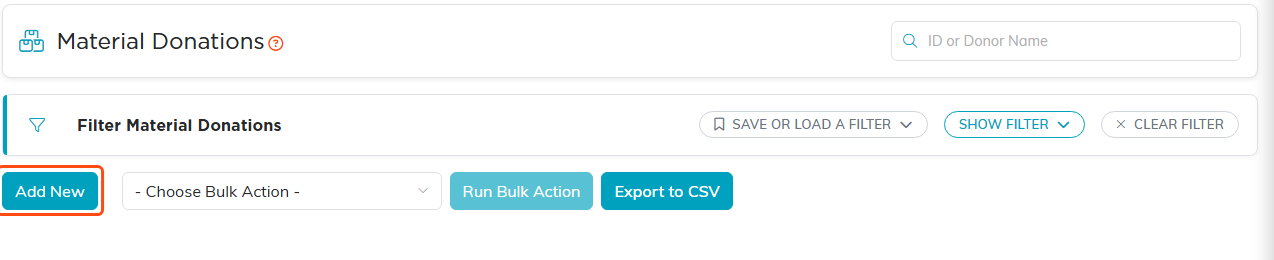 Top of the material donations list with the Add New button outlined