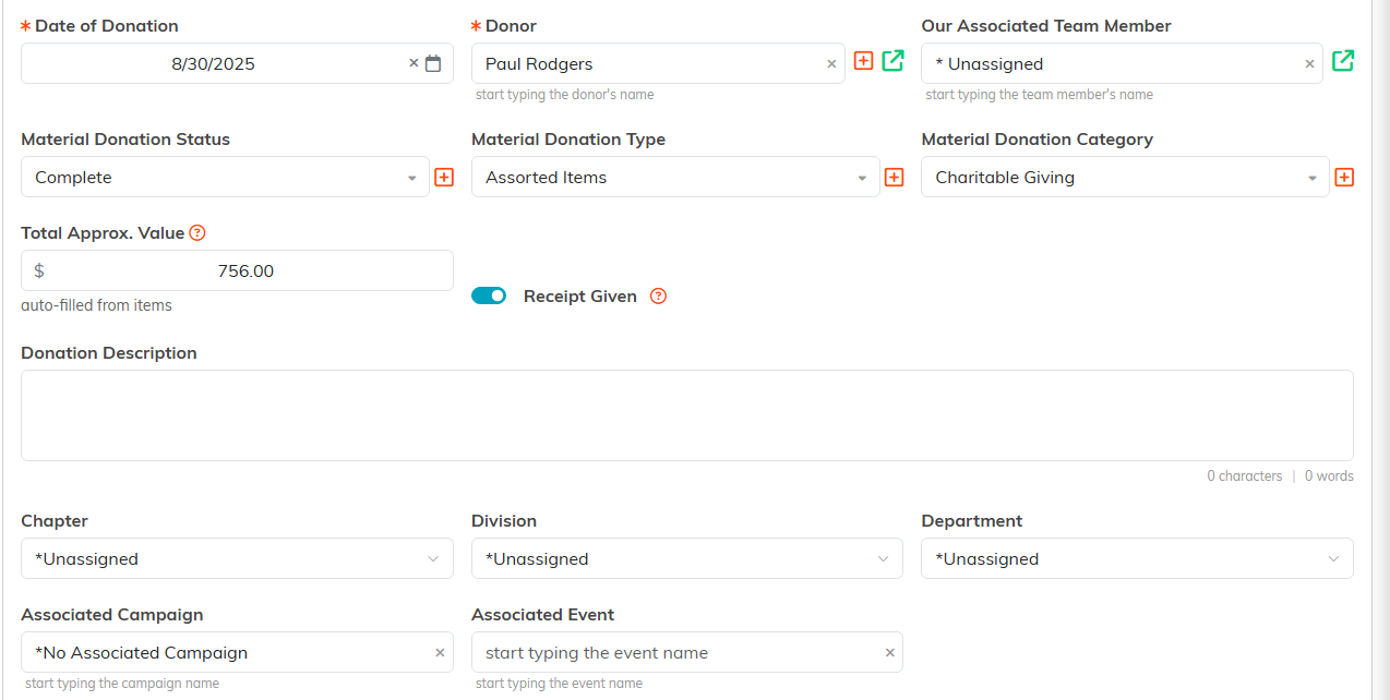 Material Donation Details fields including Date of Donation, Donor, status, type, category, Total Approx. Value, Receipt Given and Donation Description