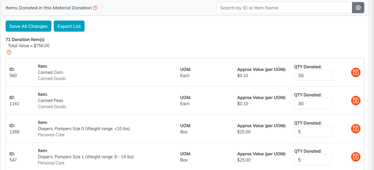 Donation Items page listing material items with a QTY Donated box and a save icon on each row