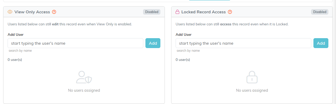 Record Permissions page with View Only Access and Locked Record Access panels, each with an Add User box