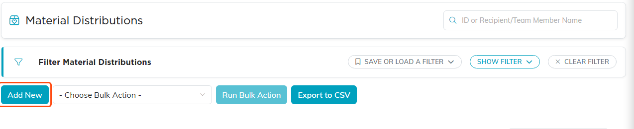 Top of the material distributions list with the Add New button outlined