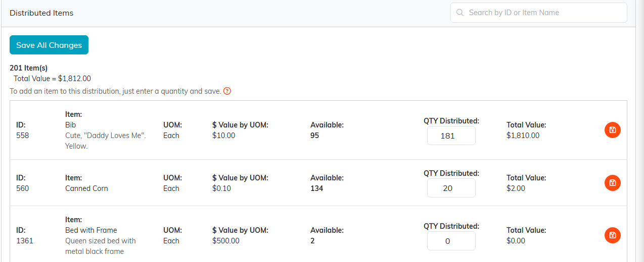 Distribution Items page showing the Available column and a QTY Distributed box on each item row