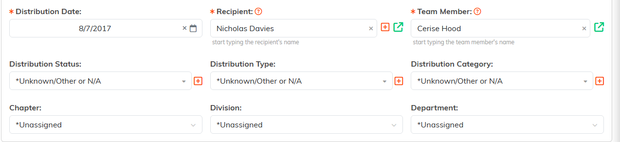Material Distribution Details fields including Distribution Date, Recipient, Team Member, status, type, category, Chapter, Division and Department