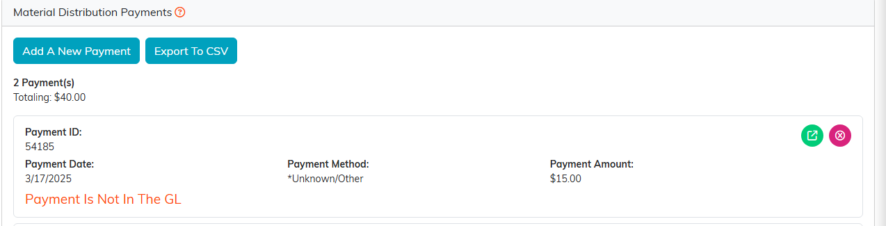Material Distribution Payments page with the Add A New Payment button, a running count and total, and a payment row