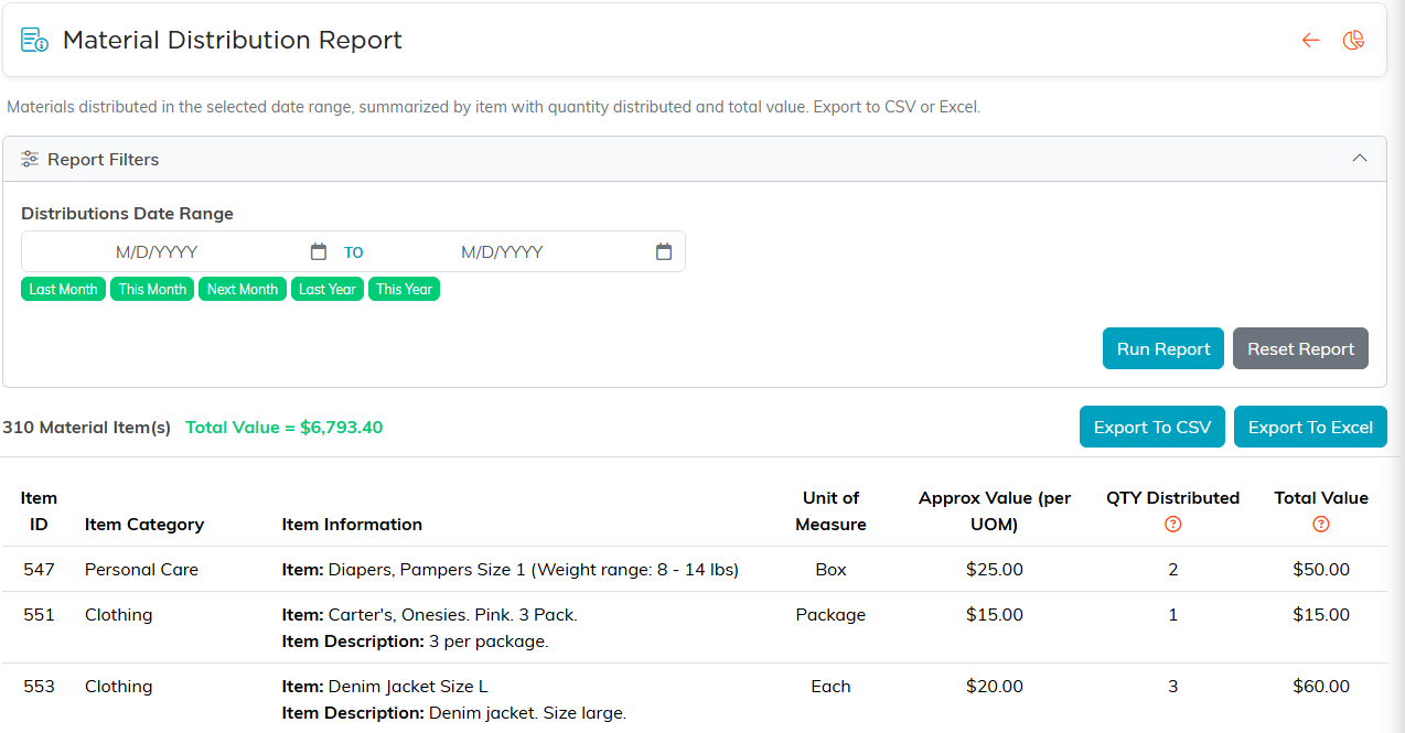 Material Distribution Report with a date range filter, a Run Report button, and results by item
