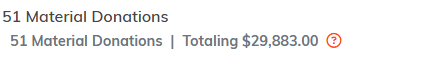 Headline above the list showing the number of material donations and their combined value
