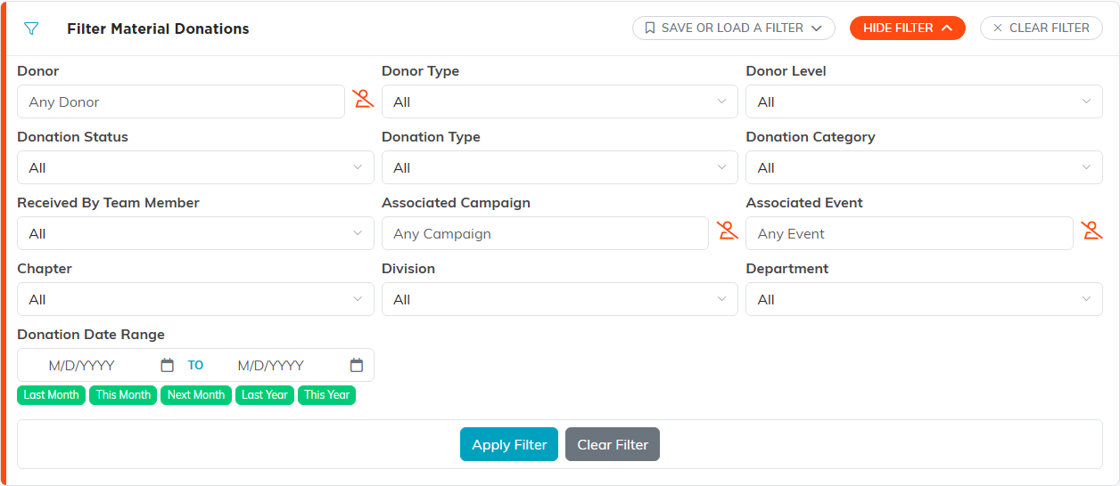 Filter Material Donations panel with donor, status, type, category, team member, campaign, event and date range fields