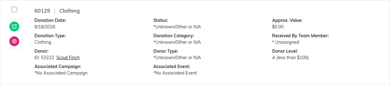 A material donation row with the green open icon and the pink delete icon