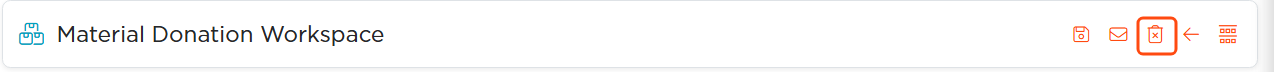 Material Donation Workspace title bar with the delete icon outlined