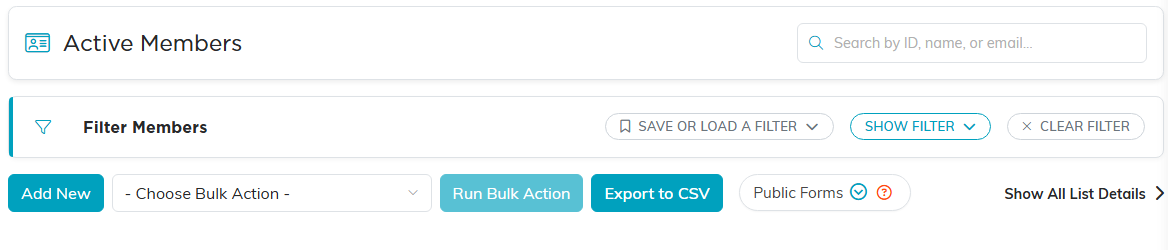 The Active Members list header with the search box, the Filter Members bar, Add New, bulk actions, and Export to CSV