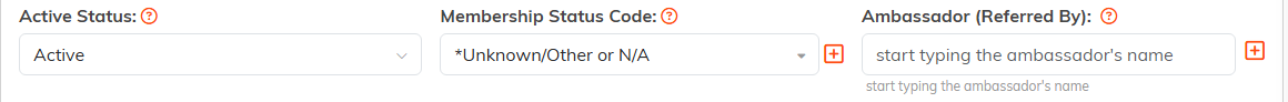 The Active Status, Membership Status Code, and Ambassador Referred By fields side by side on Member Details