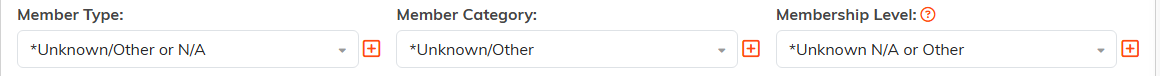 The Member Type, Member Category, and Membership Level drop-downs with an orange add icon beside each one