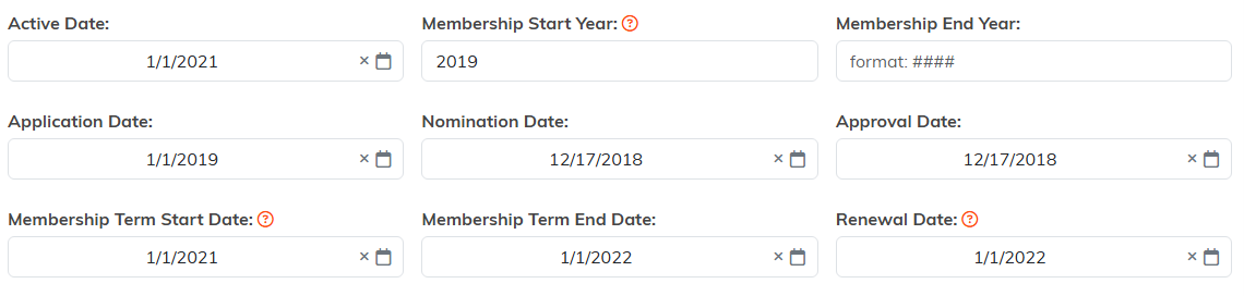 The membership date fields including Membership Term Start Date, Membership Term End Date, and Renewal Date