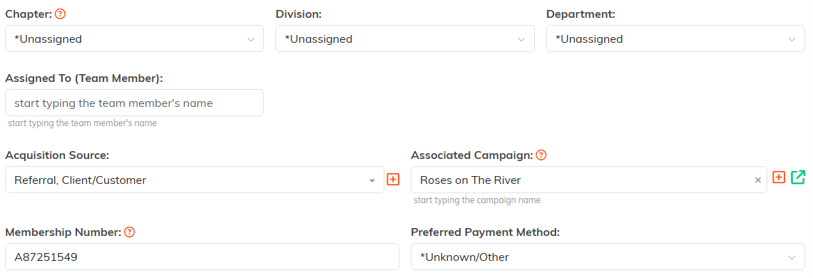 The Chapter, Division, Department, Assigned To, Acquisition Source, Associated Campaign, Membership Number, and Preferred Payment Method fields