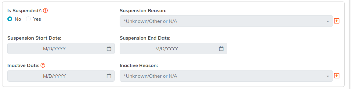 The suspension panel on Member Details with Is Suspended, Suspension Reason, Suspension Start Date, Suspension End Date, Inactive Date, and Inactive Reason