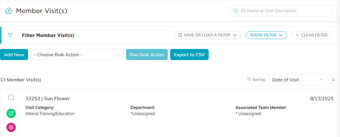 The Member Visits list with the filter bar, the Add New button, bulk actions, Export to CSV, and the first visit row