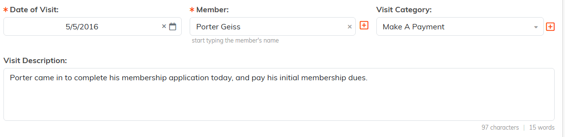 The Date of Visit, Member, Visit Category, and Visit Description fields on a member visit