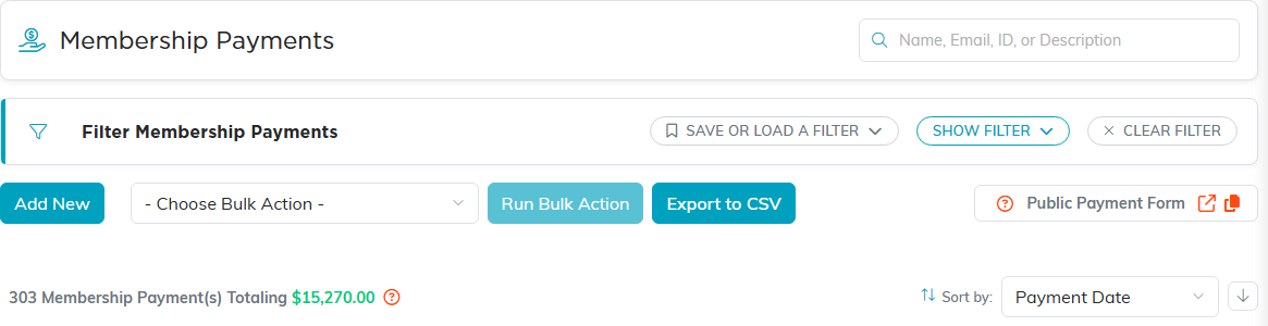 The Membership Payments list header with the filter bar, Add New, bulk actions, Export to CSV, the Public Payment Form link, and the payment total