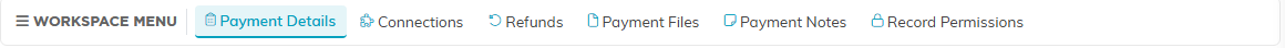 The Payment Workspace menu showing Payment Details, Connections, Refunds, Payment Files, Payment Notes, and Record Permissions