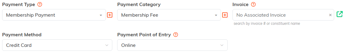 The Payment Type, Payment Category, Invoice, Payment Method, and Payment Point of Entry fields