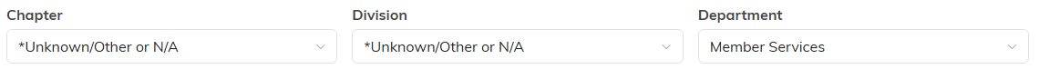 The Chapter, Division, and Department drop-downs on a membership payment
