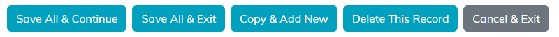 The Save All and Continue, Save All and Exit, Copy and Add New, Delete This Record, and Cancel and Exit buttons
