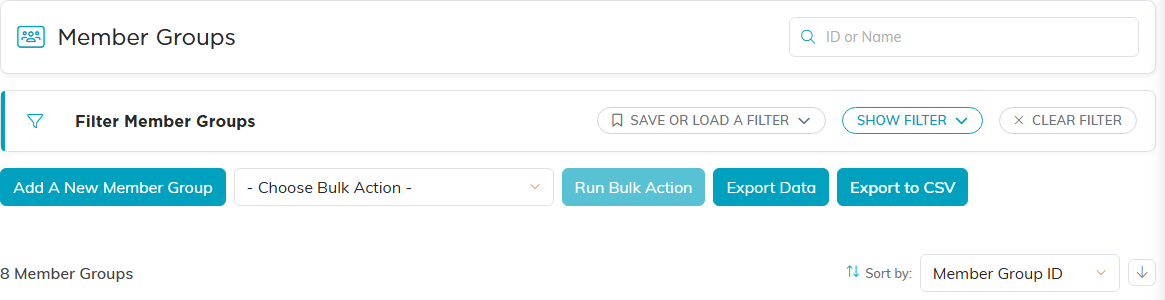 The Member Groups list header with the search box, the filter bar, the Add A New Member Group button, bulk actions, Export Data, Export to CSV, and the group count