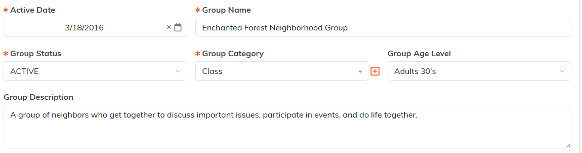 The Active Date, Group Name, Group Status, Group Category, Group Age Level, and Group Description fields
