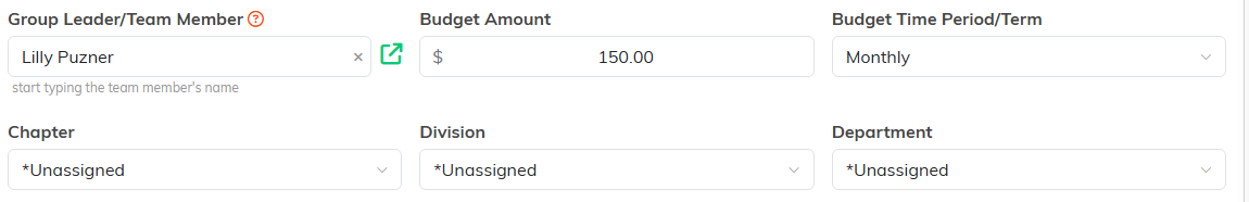 The Group Leader or Team Member field, Budget Amount, Budget Time Period or Term, and the Chapter, Division, and Department drop-downs