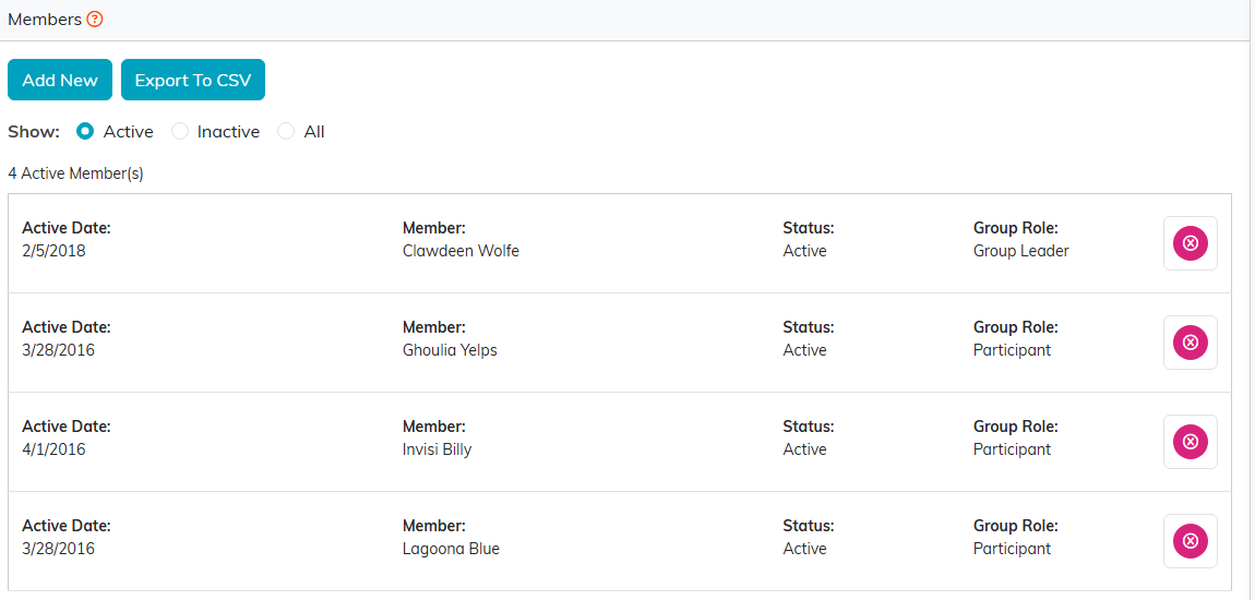 The Members tab of a member group with Add New, Export To CSV, the Show filter set to Active, and four members listed with their active date, status, and group role