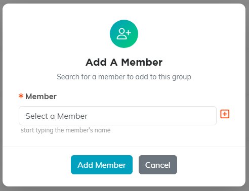 The Add A Member window with a Select a Member search box, an orange add icon, and Add Member and Cancel buttons