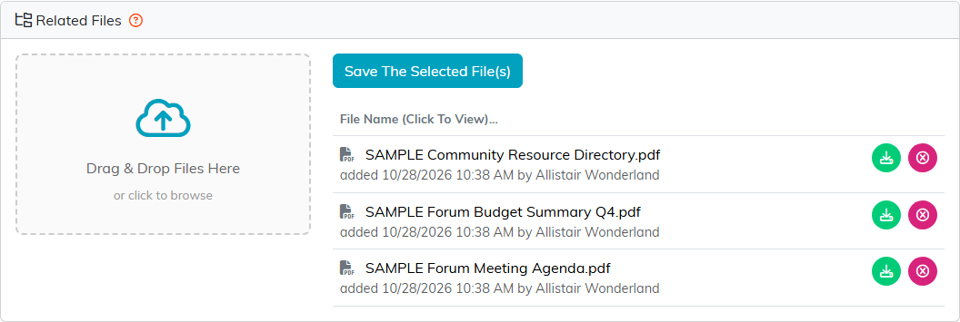 The Related Files tab of a member group with the Drag and Drop Files Here box, the Save The Selected Files button, and three files listed with who added them and when
