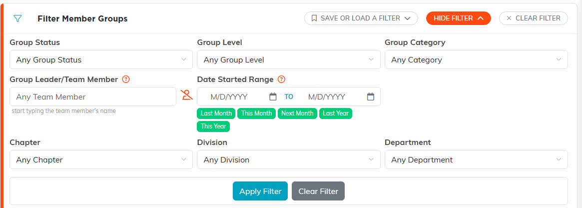 The open Member Groups filter panel with Group Status, Group Level, Group Category, Group Leader, Date Started Range, Chapter, Division, Department, and the Apply Filter and Clear Filter buttons