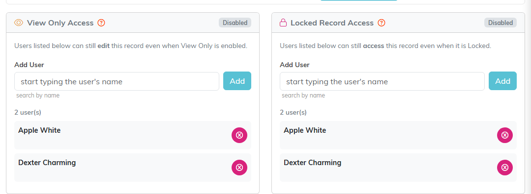 The Record Permissions tab of a member group with the View Only Access and Locked Record Access lists, each with an Add User box, an Add button, a Disabled badge, and two users listed