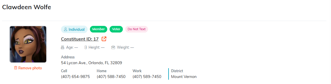 The constituent card at the top of Member Details with a photo, role badges, the constituent ID link, address, phone numbers, and district