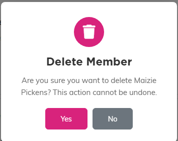 The Delete Member confirmation window asking whether to delete the record, with Yes and No buttons
