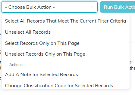 The Choose Bulk Action menu open on the Members list, showing the four selection helpers and the first actions