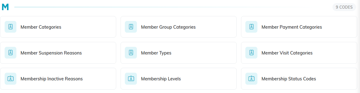 The Classification Codes page filtered to the member codes, showing Member Categories, Member Group Categories, Member Payment Categories, Member Suspension Reasons, Member Types, Member Visit Categories, Membership Inactive Reasons, Membership Levels, and Membership Status Codes