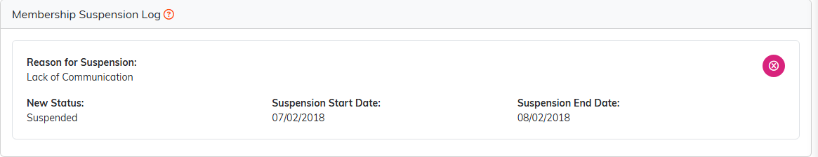 The Membership Suspension Log with one entry showing Reason for Suspension, New Status, Suspension Start Date, and Suspension End Date