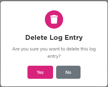 The Delete Log Entry confirmation window asking whether to delete this log entry, with Yes and No buttons