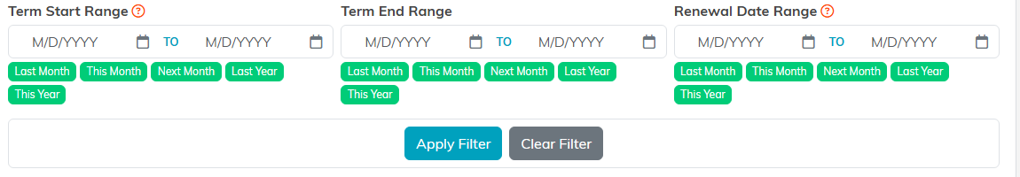 The Term Start Range, Term End Range, and Renewal Date Range date pickers in the Members filter panel, with Apply Filter and Clear Filter below